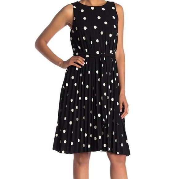 T Tahari Pleated Polka Dot Tie-Waist Dress - Picture 1 of 14